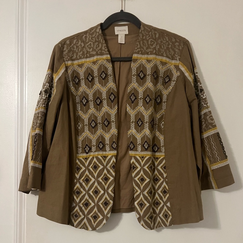 Chico's size 2 (sz12/L) Diamond Artisan Linen Blend Jacket Boho brown (W125)
